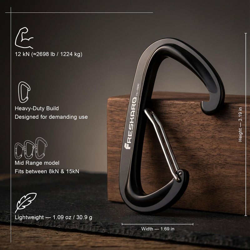 FresKaro Wiregate Carabiner Clip, 12kN(2698lbs), Suit for Backpacking Gear or as a Hiking Accessories - 4pack of Black D Ring Wire Gate Carabiners - Image 2